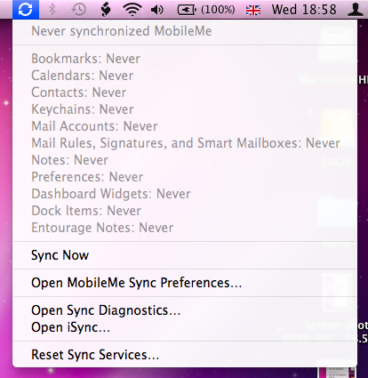 iSync MobileMe Menu Extra